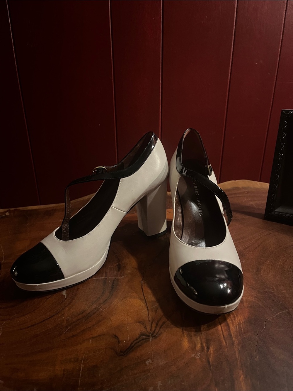 Marc Jacobs White and Black T-Strap Block Heels
